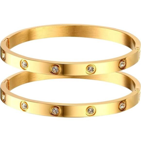 Gold Bracelets for Women-2Pcs 18K Gold Plated Love Cubic Zirconia Bangle Crystal - Picture 7 of 7